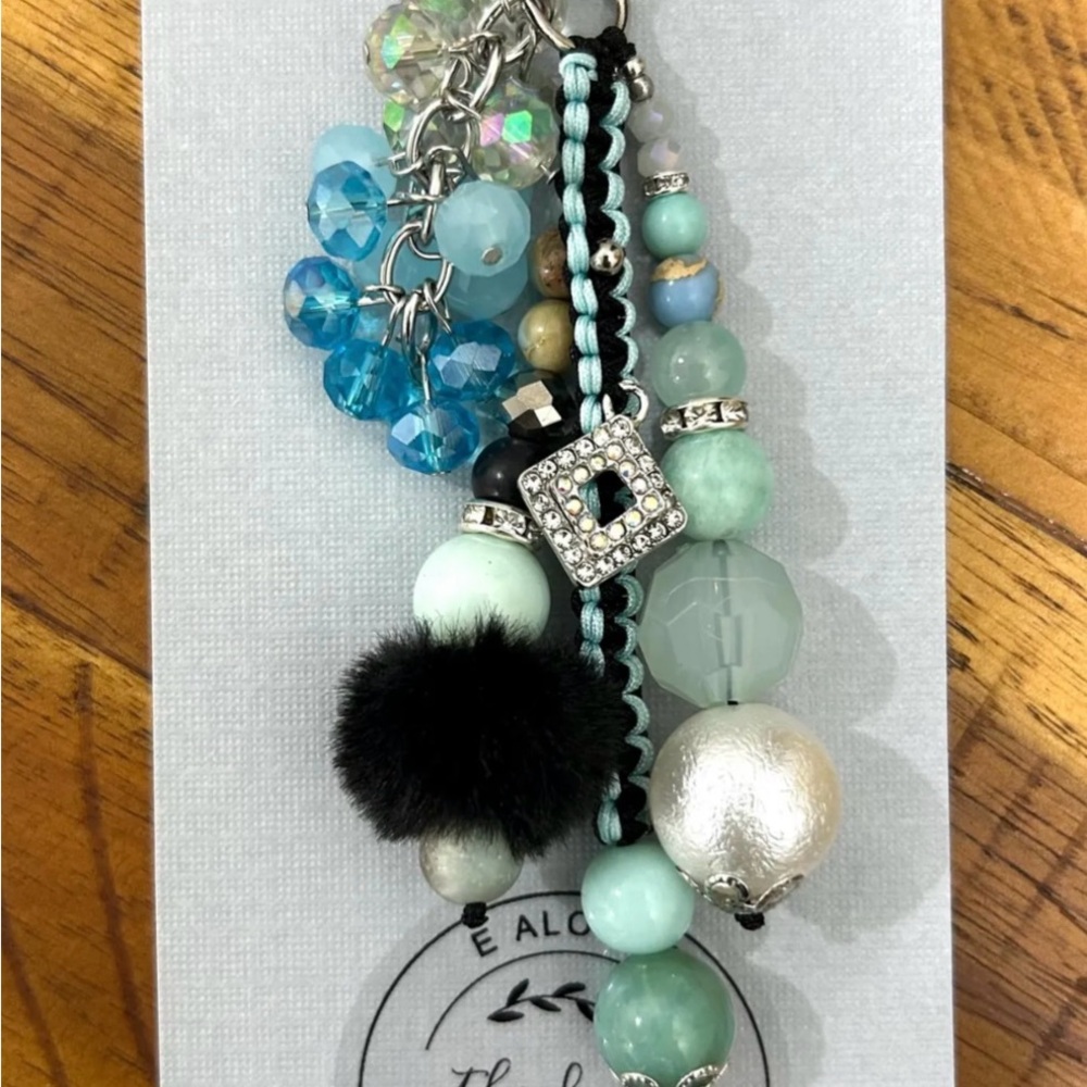 Mint & Aqua Beaded Keychain Charm with Fur Pom-handmade/EAlovey